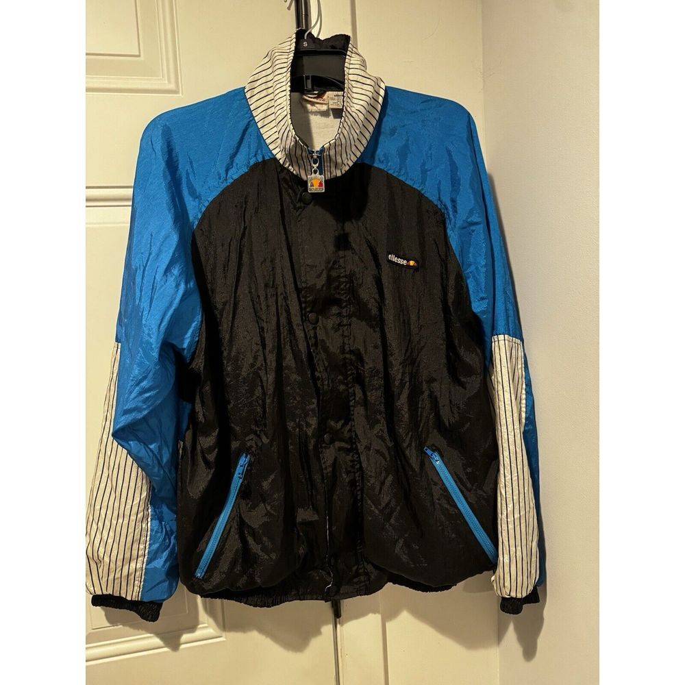 Vintage Ellesse Windbreaker Jacket Color Block Blue Black Stripes Sz 5/M 80s/90s